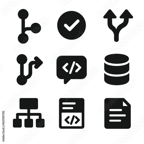 Coding Workflow Icons. Solid vector icons of coding workflow: version control branch, commit icon, merge arrows, pull request