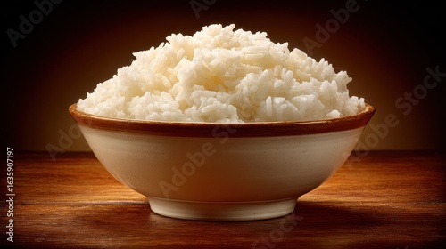 Bowl of fluffy, steamed white rice on a wooden table, soft lighting