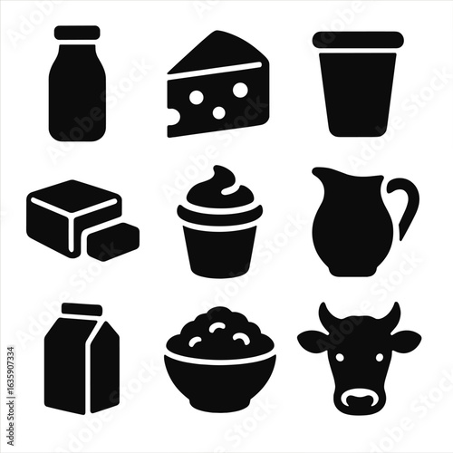 Dairy Product Icons. Solid style icons of dairy products: milk bottle, cheese wedge, yogurt cup, butter block, sour cream