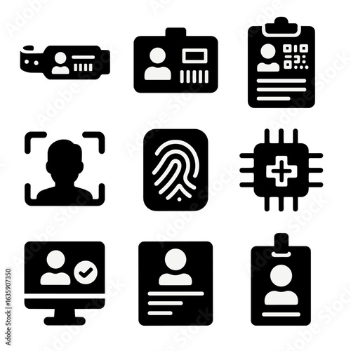 Patient ID Icons. Solid style icons of patient ID and traceability: patient wristband, barcode ID, QR code on chart, face ID