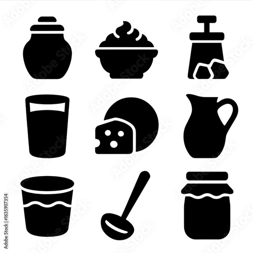 Traditional Dairy Icons. Solid style icons of traditional milk products: ghee container, clotted cream bowl, churned butter,