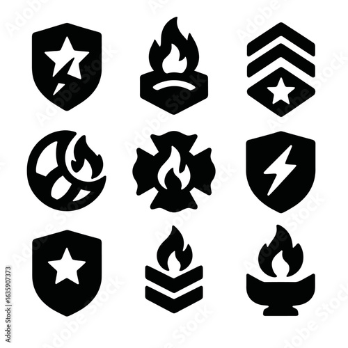 Military Badge Icons. Solid style icons of military-style badges: shield with star and bolt, flame over emblem, power rank