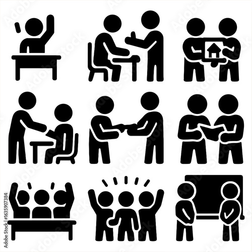 Interactive Classroom Icons. Solid style icons of interactive classroom moments: question from student, teacher feedback, applause