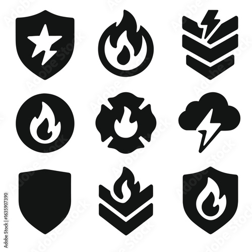 Military Badge Icons. Solid style icons of military-style badges: shield with star and bolt, flame over emblem, power rank