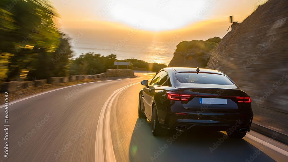 Naklejka premium Black car driving on a scenic road at sunset with motion blur