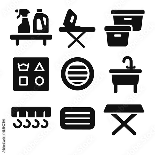 Laundry Room Essentials. Solid style icons of laundry room elements: wall shelf with supplies, ironing station, labeled containers
