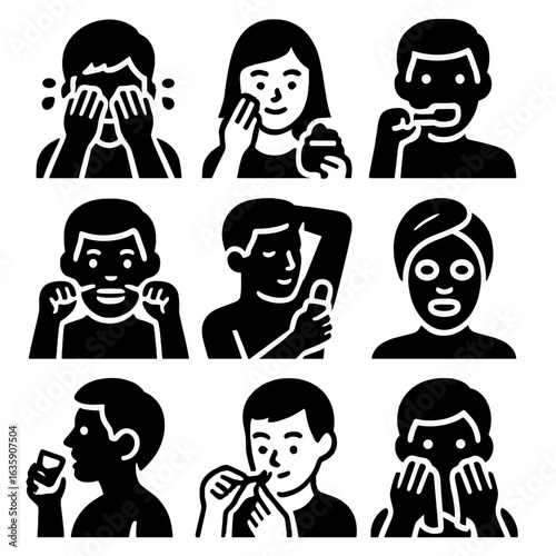 Hygiene Routine Icons. Solid style icons of hygiene routines: face washing gesture, applying cream, brushing teeth, flossing teeth