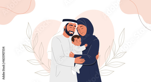 A Loving Muslim Family Embraces Their Young Child with Tender Affection and Warmth