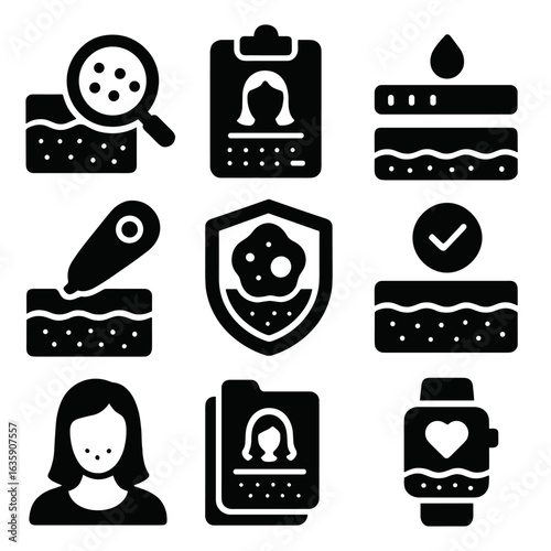 Skin Health Icons. Solid style icons of skin health monitoring: magnifying glass on skin, skin analysis report, hydration level