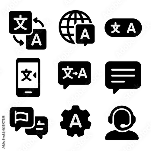 Multilingual Support Icons. Solid style icons of multilingual support: translation icon, language globe, language switch toggle,