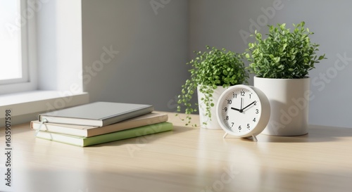 Bright desk with books, clock, and plants; sunlit, minimal, and peaceful