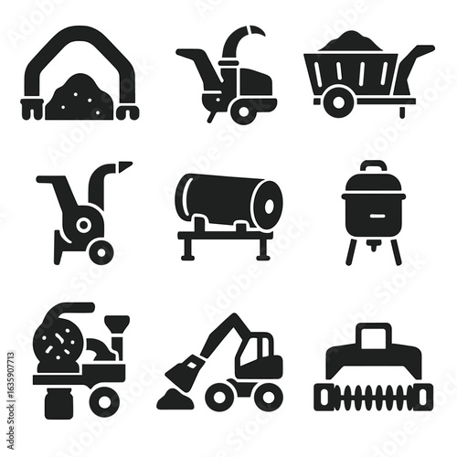 Biomass Machinery Icons. Solid style icons of biomass and compost machinery: compost turner, organic shredder, manure spreader,