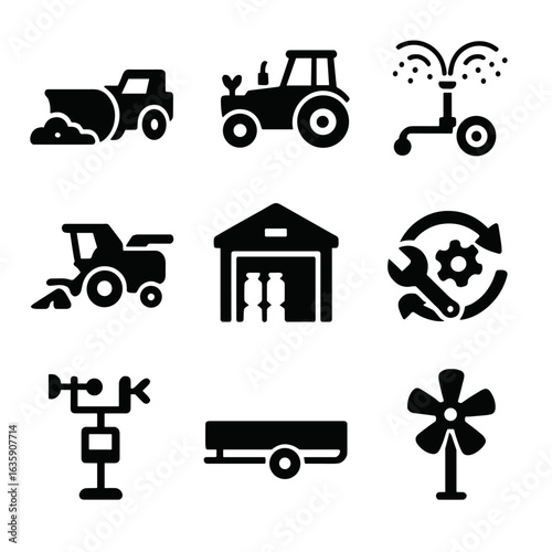 Seasonal Farm Machinery Icons. Solid style icons of seasonal farm machinery use: snow plow attachment, planting tractor in spring,