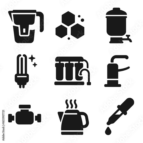 Water Purification Icons. Solid style icons of water purification: filter pitcher, activated charcoal icon, ceramic water filter,