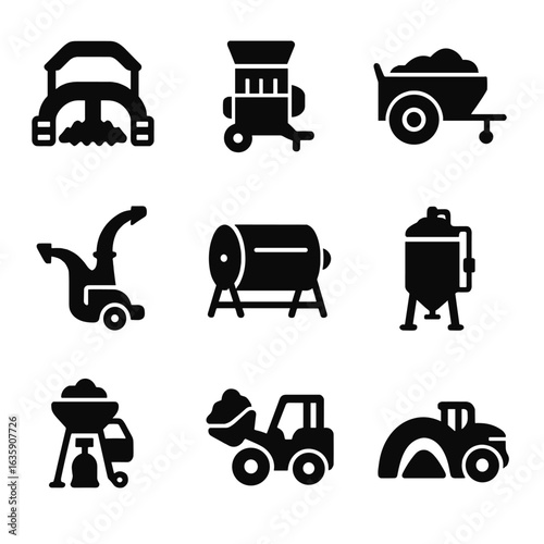 Biomass Machinery Icons. Solid style icons of biomass and compost machinery: compost turner, organic shredder, manure spreader,