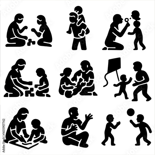 Playful Family Icons. Solid style icons of playful family moments: playing on floor together, piggyback ride, blowing bubbles,