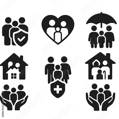 Family Insurance Symbols. Solid style icons of family insurance and care: group of people with shield, heart and house with family