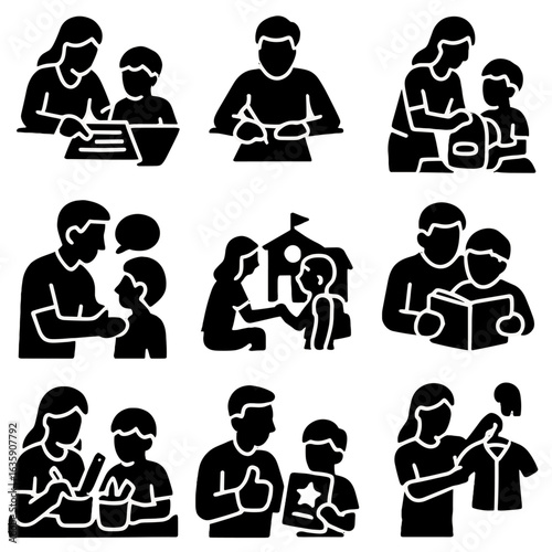 School Prep Icons. Solid style icons of school preparation and support: checking homework, signing school note, helping pack bag,