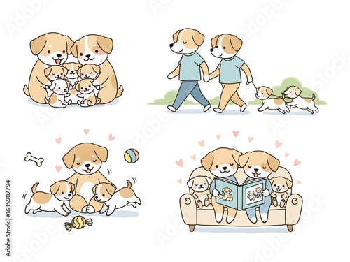 Adorable Dog Family Illustration Set: An endearing illustration set portraying heartwarming moments of canine family life, including parent dogs with their puppies, fostering a sense of love.