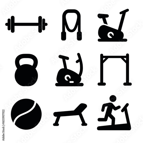 Workout Equipment Icons. Solid style icons of gym and workout equipment: barbell icon, resistance band, exercise bike, kettlebell