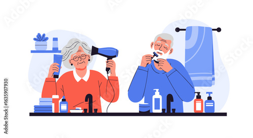 Elderly Couple Engaged in Morning Grooming Routines Together in a Well-Lit Bathroom