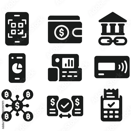 Financial Connectivity Icons. Solid style icons of payment and financial connectivity: mobile payment scan, digital wallet icon,