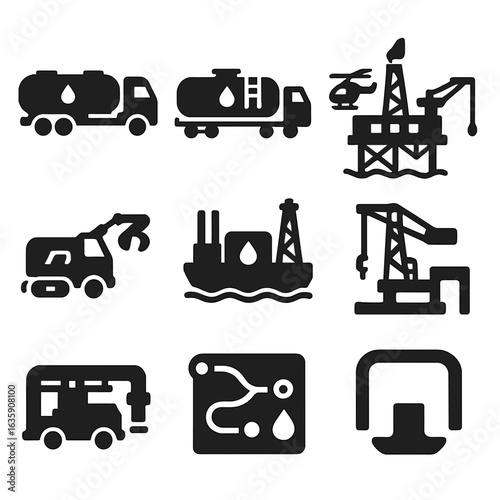 Oil Transport Icons. Solid style icons of oil transport vehicles: fuel tanker truck, oil rail tank car, crude oil shipping vessel,