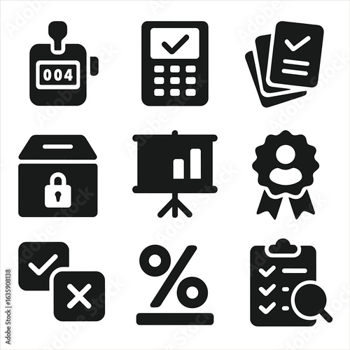 Voting Process Icons. Solid style icons of vote result and counting: hand tally counter, vote counting machine, ballot stacks,