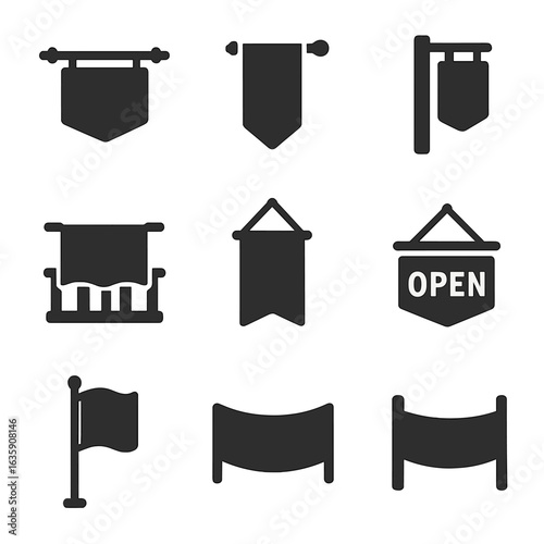Hanging Signage Icons. Solid style icons of hanging signage and flags: banner with pole icon, wall hanging banner, vertical shop