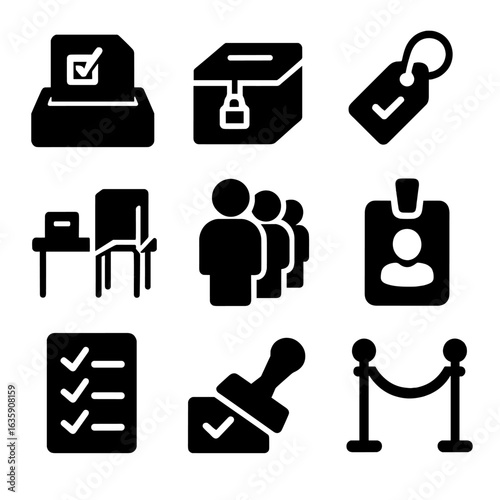 Election Logistics Icons. Solid style icons of election logistics: ballot paper printer, sealed ballot transport box, vote