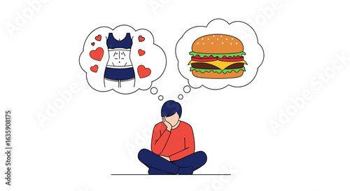 A person sitting and contemplating between healthy lifestyle choices and unhealthy food options representing a common dilemma