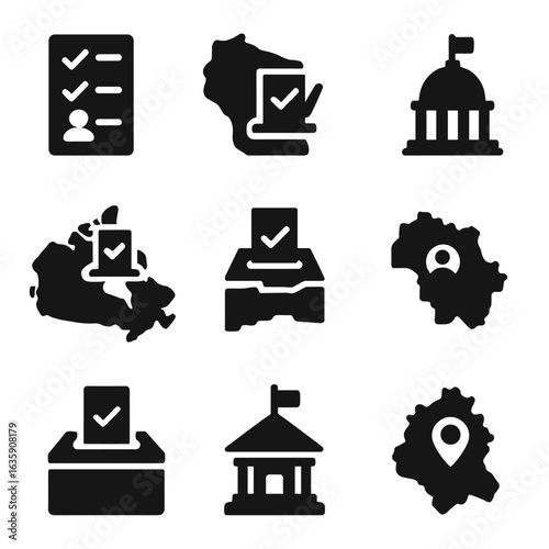 Government Voting Icons. Solid style icons of multi-level government voting: city council ballot, state governor vote, national