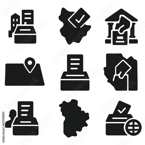Government Voting Icons. Solid style icons of multi-level government voting: city council ballot, state governor vote, national