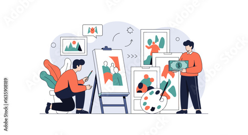 Creative Artists Showcase Their Digital Artwork Collection Displayed In A Modern Gallery Setting