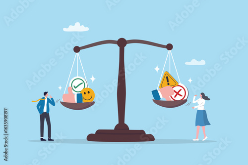 Pros and cons comparison, advantage and disadvantage evaluation, choice decision making, weighing between good or bad reason, assessment concept, pro and con elements on equilibrium balance.