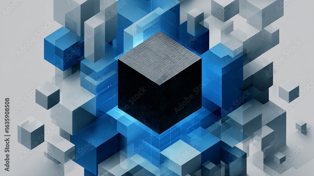 Obraz premium Abstract Cube Construction with Blue and White Cubes, Digital Display