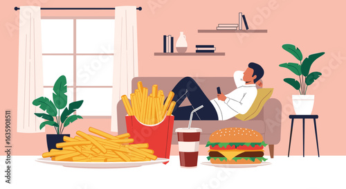 Person relaxing on couch surrounded by unhealthy fast food options