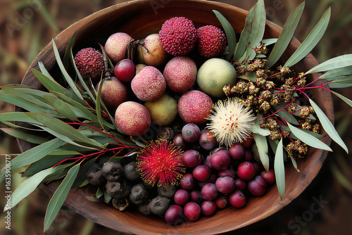 Australian native bush tucker fruits seeds and berries arranged in rustic wooden bowl with eucalyptus leaves, indigenous wild food biodiversity.