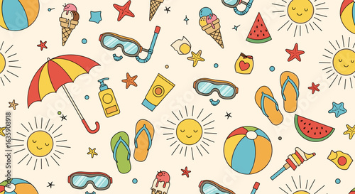 A Cheerful Summer Pattern Featuring Sun Beach Balls Ice Cream and Watermelon Slices for Kids Activities