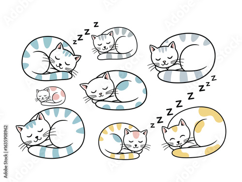 Sleeping Cats: A whimsical collection of cute cartoon cats curled up in peaceful slumber, evoking feelings of tranquility and contentment with soft colors and endearing poses.