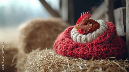 A chicken with a cozy sweater resting comfortably in a charming barn surrounded by hay bales.