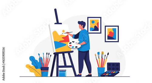 Talented Artist Creating a Beautiful Landscape Painting on an Easel in a Bright and Inspiring Studio