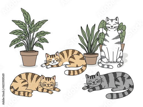 Playful Cats and Plants: A charming illustration showcases a delightful scene of adorable cats lounging among lush potted plants, evoking a sense of tranquility and domestic bliss.