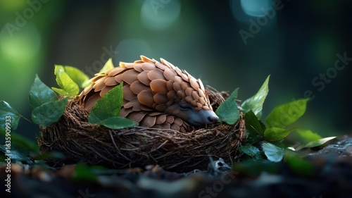 A pangolin napping peacefully in a cozy burrow made of twigs and leaves.