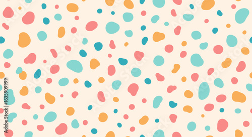 A Cheerful Background Pattern Featuring Irregularly Shaped Polka Dots in a Playful Color Palette of Peach Coral Aqua and Yellow on a Cream Base
