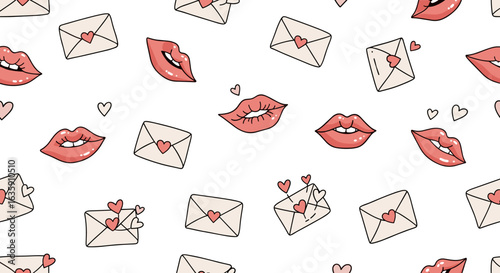 A charming seamless pattern featuring delicate love letters adorned with hearts and playful feminine lips creating a romantic aesthetic
