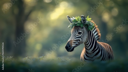 A zebra adorned with a crown of leaves, standing proudly in a forest clearing, with morning light filtering through.