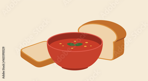 Isometric style shot of tomato soup with basil and bread slices on cream background