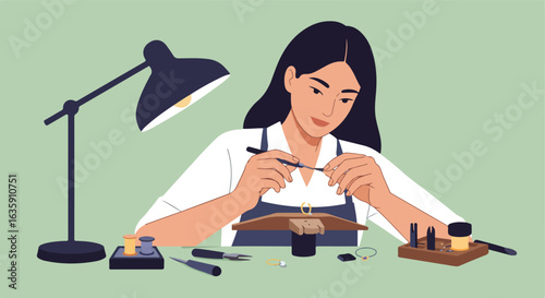 Jeweler working on a ring with tools. Desk lamp lights up her workspace