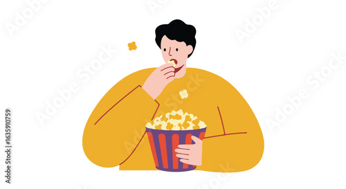 Person eating popcorn. Holds striped bucket filled with snack. Leisurely moment